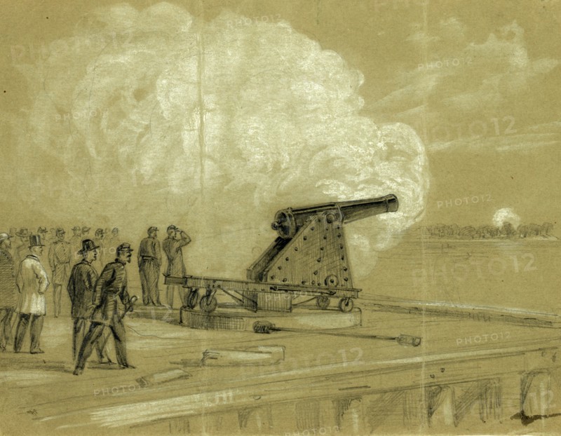 Scene on the dock at the Rip Raps. Testing the Sawyer gun and projectile, a shell bursting on the rebel batteries at Sewells Point, 1861, drawing, 1862-1865, by Alfred R Waud, 1828-1891, an american artist famous for his American Civil War sketches, America, US