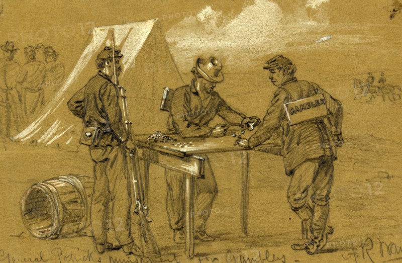 General Patricks punishment for gamblers, 1863 October, drawing on olive paper pencil and Chinese white, 15.0 x 23.4 cm. (sheet), 1862-1865, by Alfred R Waud, 1828-1891, an american artist famous for his American Civil War sketches, America, US