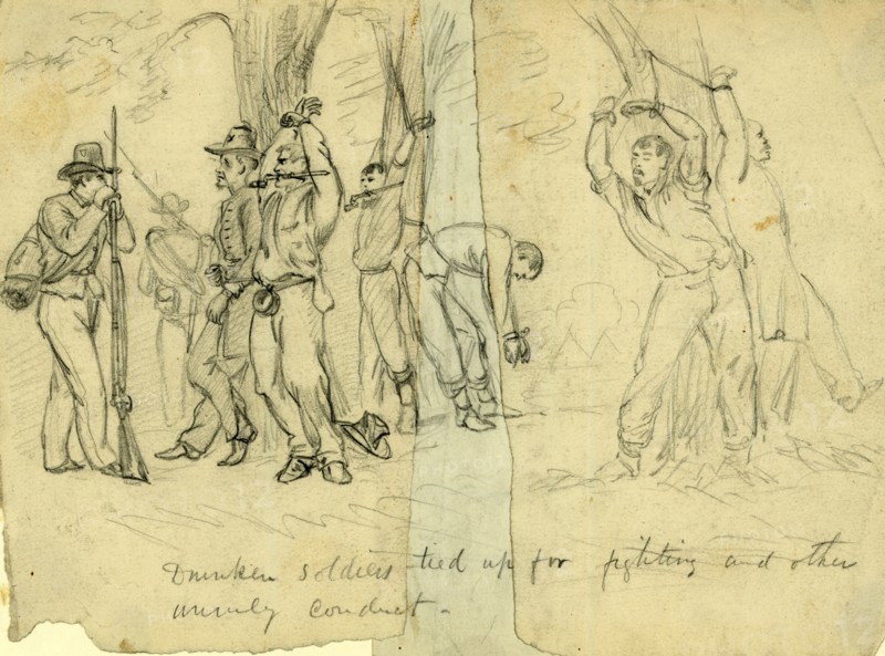 Drunken soldiers tied up for fighting and other unruly conduct, between 1860 and 1865, drawing on cream paper pencil, 17.0 x 23.2 cm. (sheet), 1862-1865, by Alfred R Waud, 1828-1891, an american artist famous for his American Civil War sketches, America, US