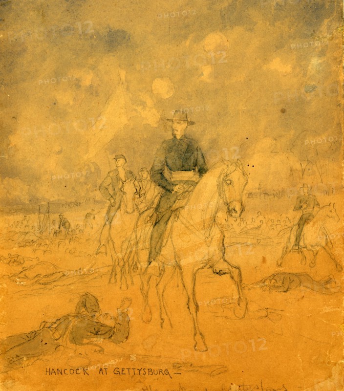 Hancock at Gettysburg, 1863 July 1-3, drawing, 1862-1865, by Alfred R Waud, 1828-1891, an american artist famous for his American Civil War sketches, America, US