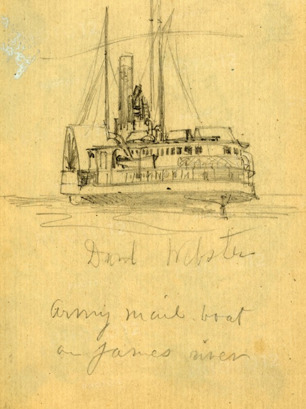 Danl Webster army mail boat on James river, 1860-1865, drawing, 1862-1865, by Alfred R Waud, 1828-1891, an american artist famous for his American Civil War sketches, America, US