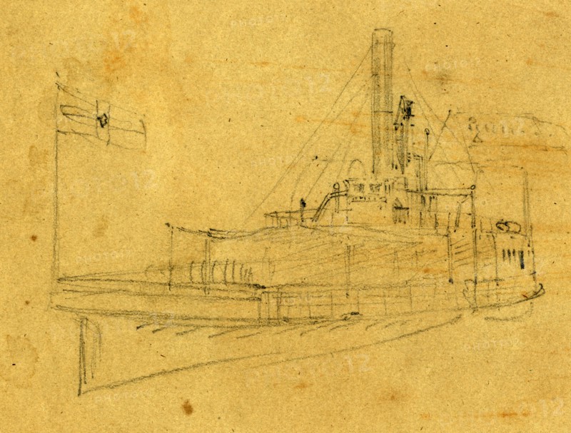 A boat, between 1860 and 1865, drawing on olive paper pencil, 9.4 x 12.2 cm. (sheet), 1862-1865, by Alfred R Waud, 1828-1891, an american artist famous for his American Civil War sketches, America, US