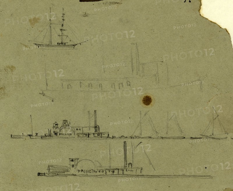 Steamships and sailboats, between 1860 and 1865, drawing on gray-green paper pencil, 9.6 x 11.7 cm. (sheet), 1862-1865, by Alfred R Waud, 1828-1891, an american artist famous for his American Civil War sketches, America, US
