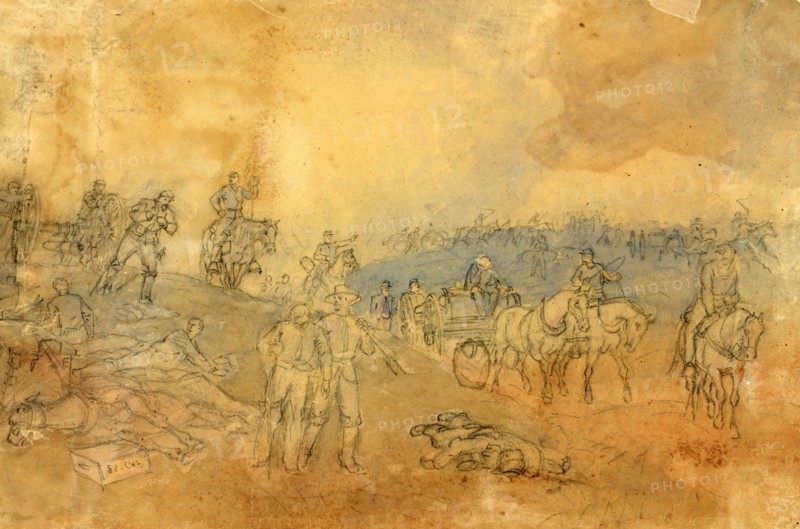 Near the cemetery, Gettysburg retiring disabled artillery, 1863 July 1-3, drawing on tan paper pencil and watercolor, 23.6 x 36.3 cm. (sheet), 1862-1865, by Alfred R Waud, 1828-1891, an american artist famous for his American Civil War sketches, America, US