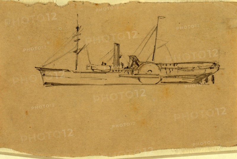A steamship, Broadside view, 1860-1865, drawing, 1862-1865, by Alfred R Waud, 1828-1891, an american artist famous for his American Civil War sketches, America, US