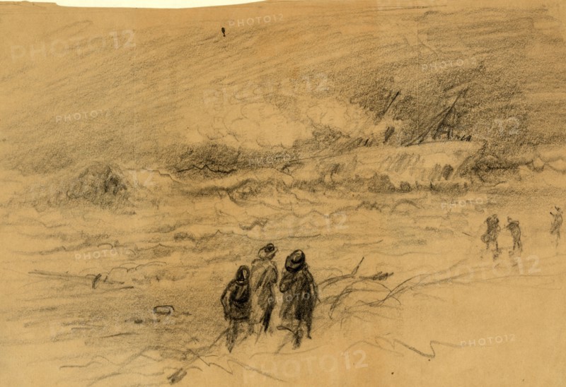 Shipwreck in a storm with figures looking on, 1860-1865, drawing, 1862-1865, by Alfred R Waud, 1828-1891, an american artist famous for his American Civil War sketches, America, US
