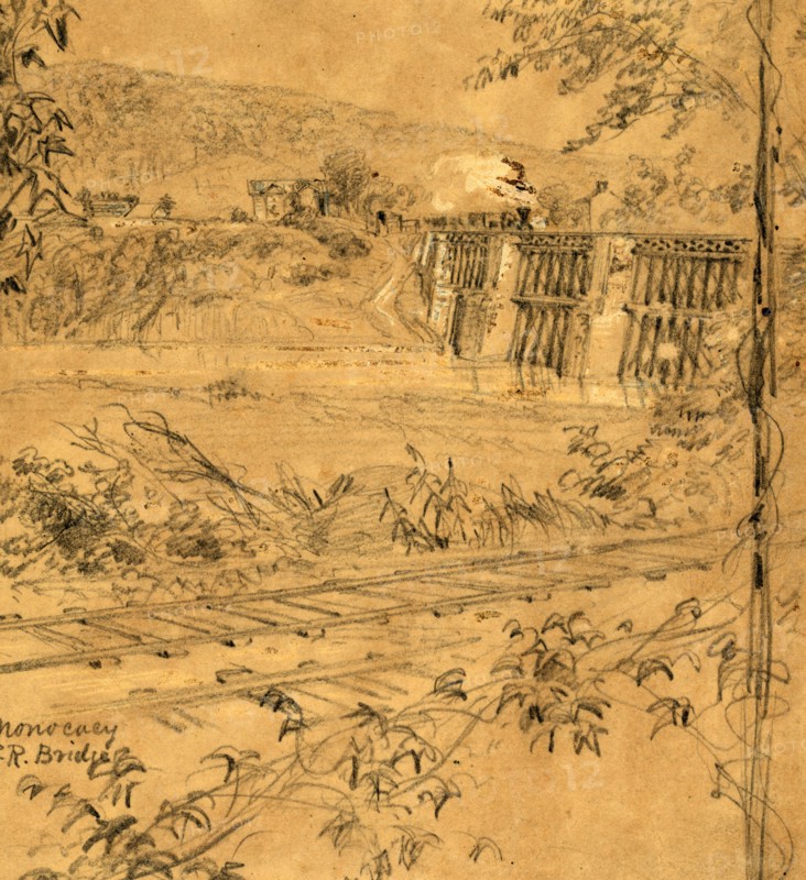 Monocacy R.R. Bridge, 1863 ca. June-July, drawing on tan paper pencil and Chinese white, 11.6 x 10.8 cm. (sheet), The Alfred Waud American Civil War Sketches Collection, 1862-1865, by Alfred R Waud, 1828-1891, an american artist famous for his American Civil War sketches, America, US