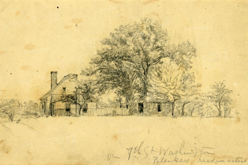 On 7th St. Washington, Blenkers headquarters, between 1862 and 1863, drawing on cream paper pencil, 13.5 x 21.1 cm. (sheet), The Alfred Waud American Civil War Sketches Collection, 1862-1865, by Alfred R Waud, 1828-1891, an american artist famous for his American Civil War sketches, America, US
