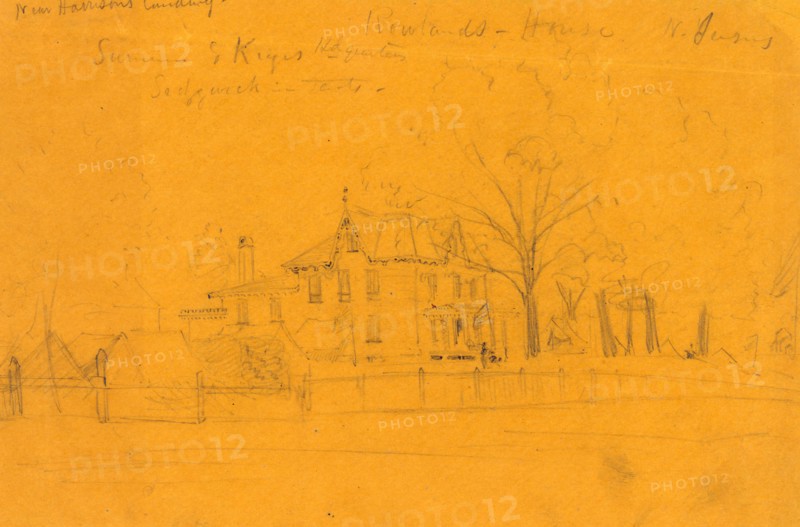 Rowlands House N. Jersey, 1862 July?, drawing on orange-yellow paper pencil, 16.0 x 24.9 cm. (sheet), The Alfred Waud American Civil War Sketches Collection, 1862-1865, by Alfred R Waud, 1828-1891, an american artist famous for his American Civil War sketches, America, US
