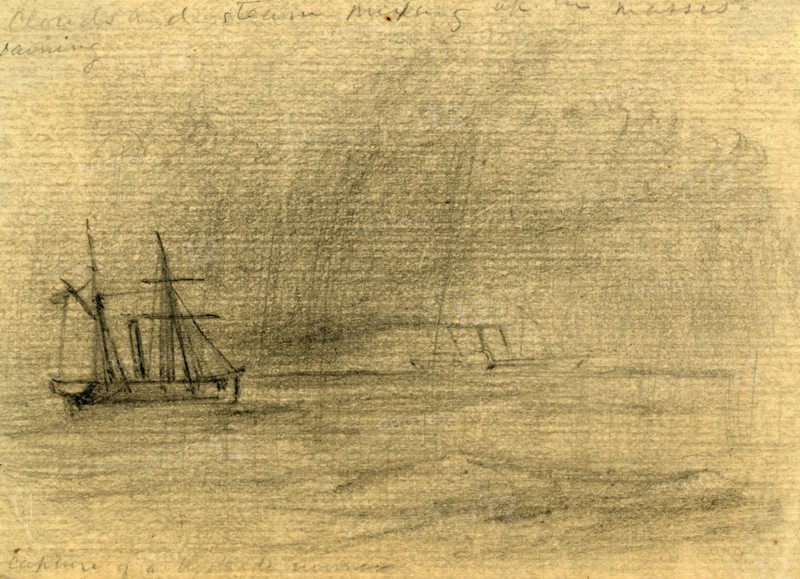 Capture of a blockade runner, between 1860 and 1865, drawing on cream paper pencil, 8.8 x 12.3 cm. (sheet), The Alfred Waud American Civil War Sketches Collection, 1862-1865, by Alfred R Waud, 1828-1891, an american artist famous for his American Civil War sketches, America, US