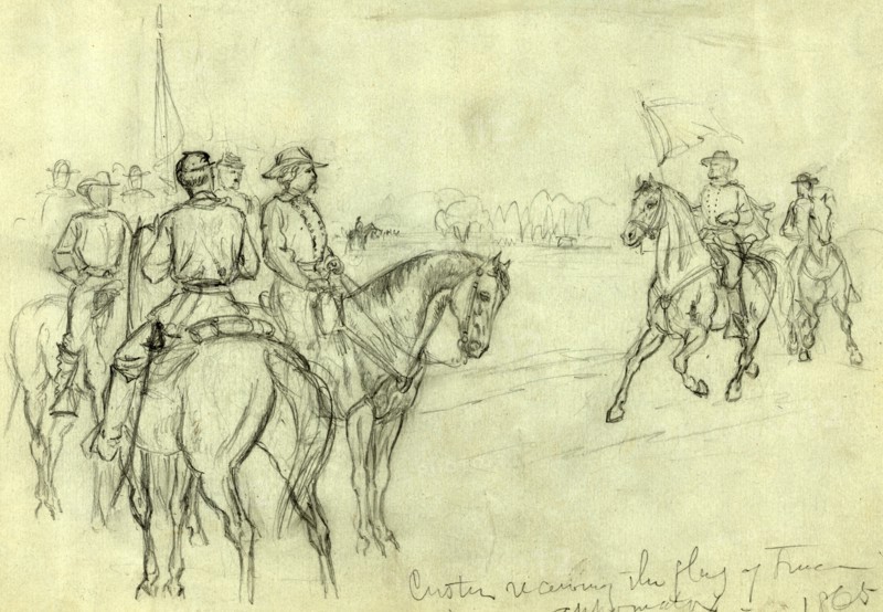 Custer receiving the flag of truce, appomatox 1865, drawing, 1862-1865, by Alfred R Waud, 1828-1891, an american artist famous for his American Civil War sketches, America, US