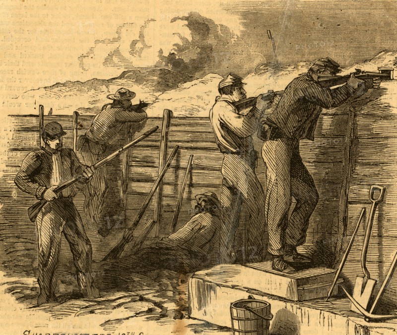 Sharpshooters 18th Corps, 1864 July, 1 print wood engraving, 14.6 x 12.6 cm. (sheet), The Alfred Waud American Civil War Sketches Collection, 1862-1865, by Alfred R Waud, 1828-1891, an american artist famous for his American Civil War sketches, America, US