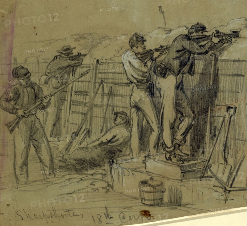 Sharpshooters 18th Corps, July 1864, drawing, 1862-1865, by Alfred R Waud, 1828-1891, an american artist famous for his American Civil War sketches, America, US