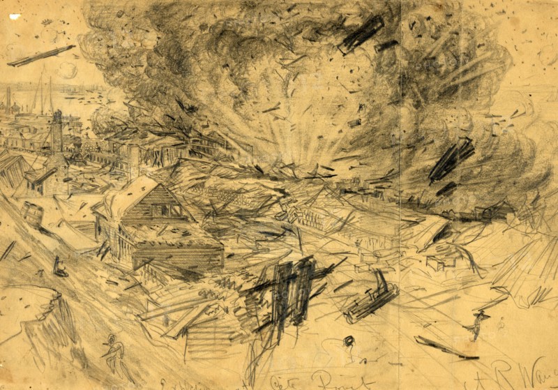 Explosion at City Point, 1864 August 9, drawing on tan paper pencil, 23.2 x 34.0 cm. (sheet), The Alfred Waud American Civil War Sketches Collection, 1862-1865, by Alfred R Waud, 1828-1891, an american artist famous for his American Civil War sketches, America, US