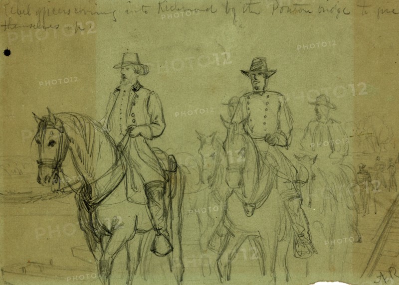 Rebel officers coming into Richmond by the ponton  bridge to give themselves up, April 1865, drawing, 1862-1865, by Alfred R Waud, 1828-1891, an american artist famous for his American Civil War sketches, America, US