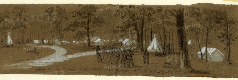 Scene in the camp of the Washington Greys. 8th N.Y.S.M, 1861 ca. April-August, drawing on olive paper pencil and Chinese white, 7.7 x 27.1 cm. (sheet), The Alfred Waud American Civil War Sketches Collection, 1862-1865, by Alfred R Waud, 1828-1891, an american artist famous for his American Civil War sketches, America, US