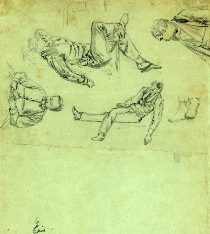 Sketches of figures in repose, 1865, drawing, 1862-1865, by Alfred R Waud, 1828-1891, an american artist famous for his American Civil War sketches, America, US