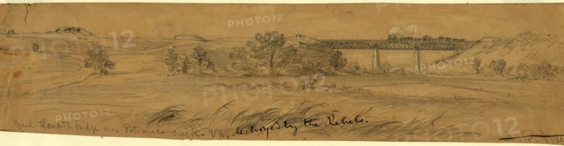 Genl. Haupts bridge over Potomac Creek Va, destroyed by the Rebels, 1863 ca. August, drawing on tan paper pencil, 25.7 x 35.8 cm. (sheet), drawing, 1862-1865, by Alfred R Waud, 1828-1891, an american artist famous for his American Civil War sketches, America, US