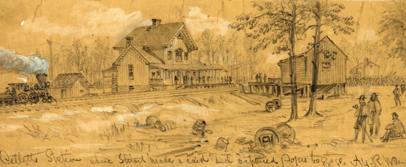 Catletts Station where Stuart made a raid and captured Popes baggage, drawing, 1862-1865, by Alfred R Waud, 1828-1891, an american artist famous for his American Civil War sketches, America, US