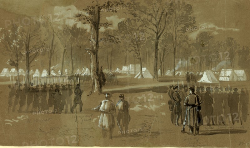 Camp of the second Connecticut regiment at Washington, in a grove on the north side of the city- Near the New York 7th, drawing, 1862-1865, by Alfred R Waud, 1828-1891, an american artist famous for his American Civil War sketches, America, US