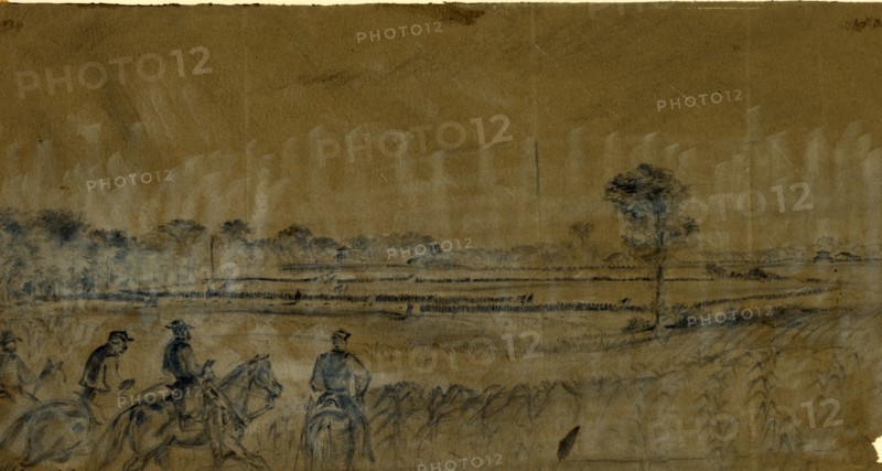 Officers on horseback watching infantry drills in distance, drawing, 1862-1865, by Alfred R Waud, 1828-1891, an american artist famous for his American Civil War sketches, America, US