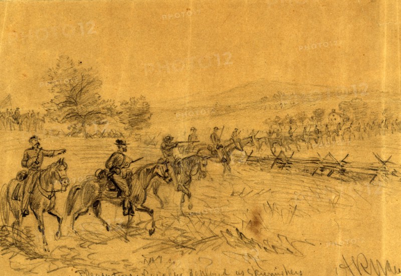 Pleasontons Cavalry deployed as skirmishers, drawing, 1862-1865, by Alfred R Waud, 1828-1891, an american artist famous for his American Civil War sketches, America, US