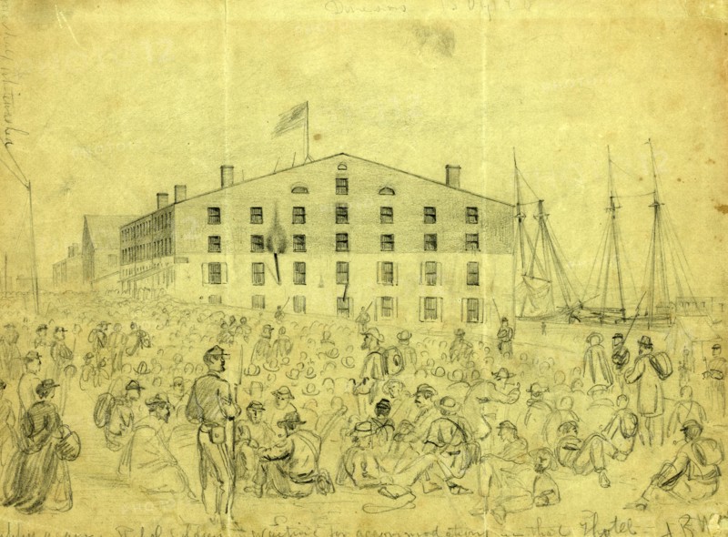 Libby again, Rebel soldiers waiting for accommodations in that Hotel, drawing, 1862-1865, by Alfred R Waud, 1828-1891, an american artist famous for his American Civil War sketches, America, US