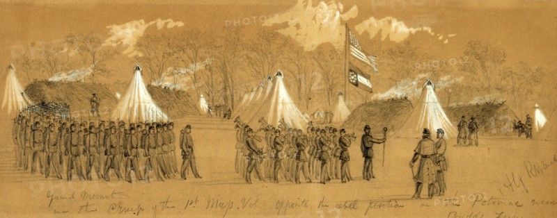 Guard Mount in the Camp of the 1st Mass. Vol. Opposite the rebel position on the Potomac near Budds Ferry, drawing, 1862-1865, by Alfred R Waud, 1828-1891, an american artist famous for his American Civil War sketches, America, US