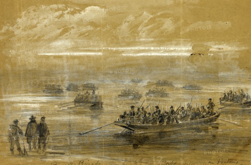 Russells Brigade, 1st div. 6th Army Corps, crossing in Pontoons to storm the enemies rifle pits on the Rappahannock, drawing, 1862-1865, by Alfred R Waud, 1828-1891, an american artist famous for his American Civil War sketches, America, US