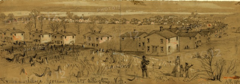 Freedmans village, Greene Heights Arlington, VA., drawing, 1862-1865, by Alfred R Waud, 1828-1891, an american artist famous for his American Civil War sketches, America, US