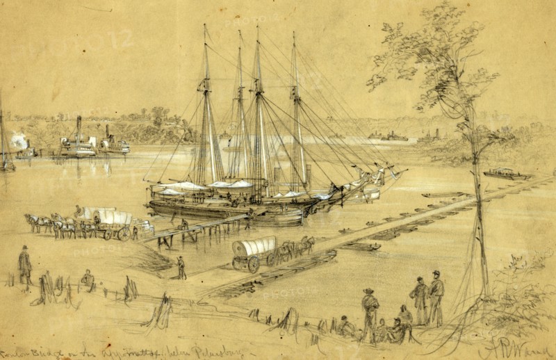 Ponton sic Bridge on the Appomattox below Petersburg, Point of Rocks, Butlers headquarters, drawing, 1862-1865, by Alfred R Waud, 1828-1891, an american artist famous for his American Civil War sketches, America, US