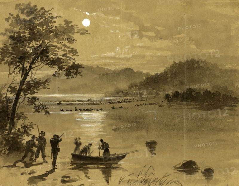 Previous to Antietam Rebels crossing the Potomac. Union scouts in foreground, drawing, 1862-1865, by Alfred R Waud, 1828-1891, an american artist famous for his American Civil War sketches, America, US