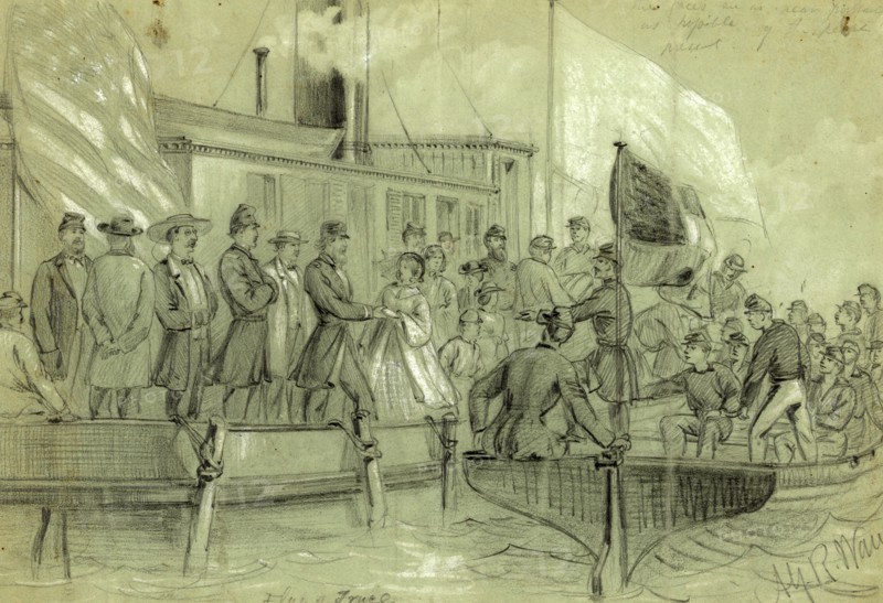 Flag of Truce, drawing, 1862-1865, by Alfred R Waud, 1828-1891, an american artist famous for his American Civil War sketches, America, US