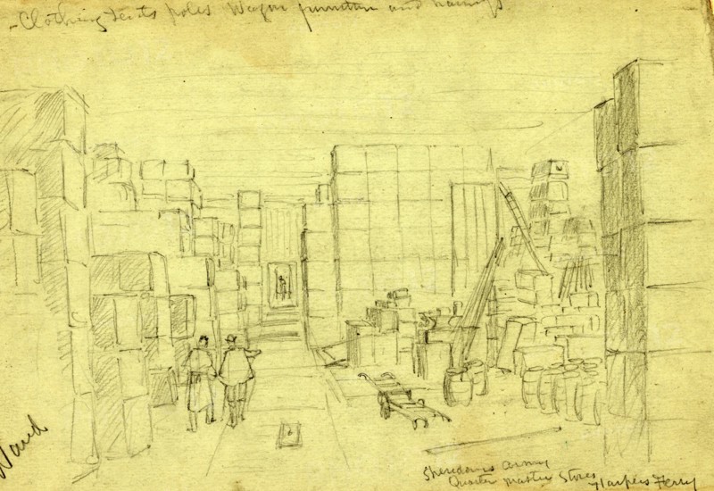 Sheridans Army, Quarter Master Stores. Harpers Ferry, drawing, 1862-1865, by Alfred R Waud, 1828-1891, an american artist famous for his American Civil War sketches, America, US