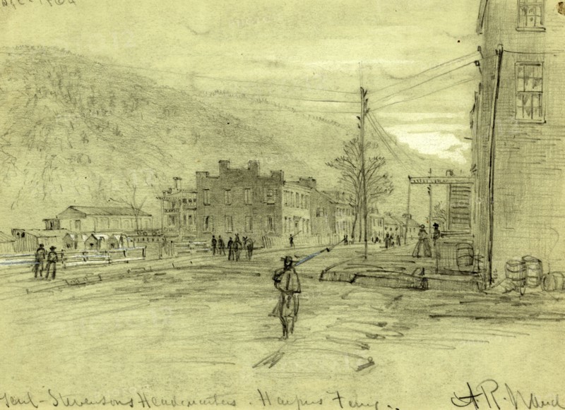 Genl. Stevensons Headqurters, Harpers Ferry, drawing, 1862-1865, by Alfred R Waud, 1828-1891, an american artist famous for his American Civil War sketches, America, US
