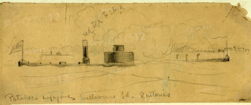 Patapsco engaging Sullivans Id. Batteries, drawing, 1862-1865, by Alfred R Waud, 1828-1891, an american artist famous for his American Civil War sketches, America, US