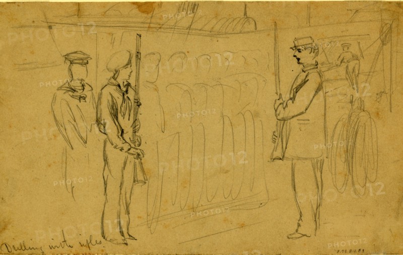 Drilling with rifles, drawing, 1862-1865, by Alfred R Waud, 1828-1891, an american artist famous for his American Civil War sketches, America, US