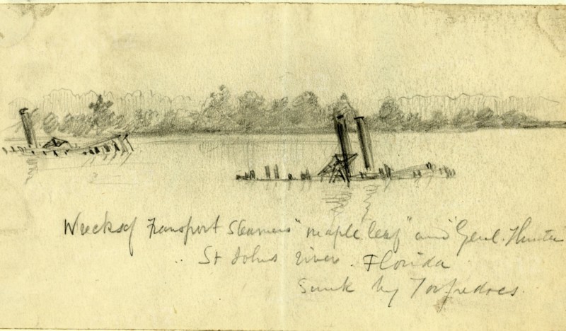 Wreck of Transport Steamers Maple leaf and Genl. Hunter, St. Johns river, Florida, Sunk by torpedoes, drawing, 1862-1865, by Alfred R Waud, 1828-1891, an american artist famous for his American Civil War sketches, America, US