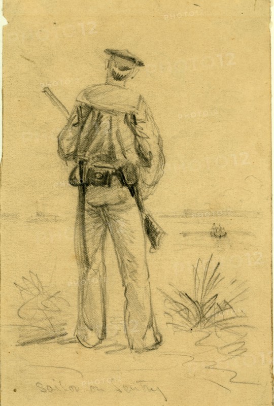 Sailor on Sentry, drawing, 1862-1865, by Alfred R Waud, 1828-1891, an american artist famous for his American Civil War sketches, America, US
