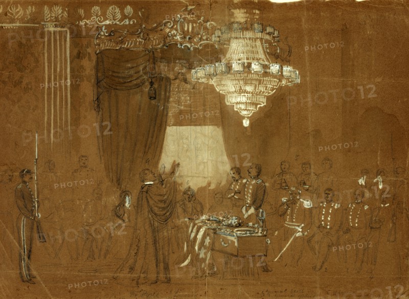 Funeral service over Col. Ellsworth at the White House East Room, drawing, 1862-1865, by Alfred R Waud, 1828-1891, an american artist famous for his American Civil War sketches, America, US