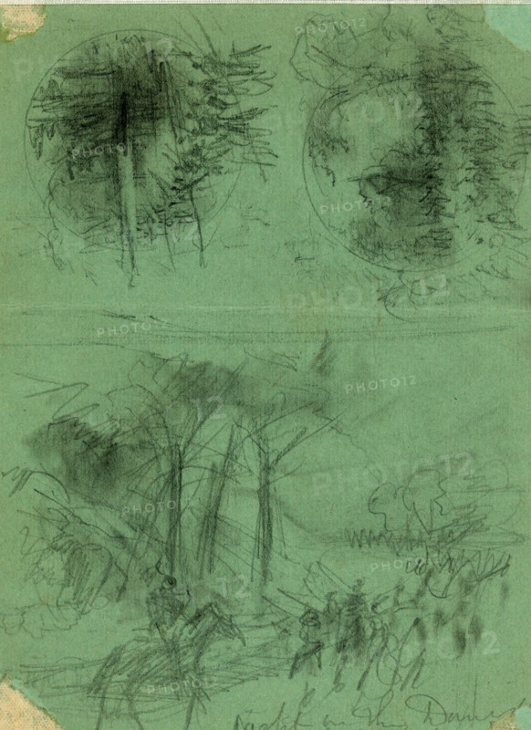 Night on the Danville R.R. Rebels in full retreat, drawing, 1862-1865, by Alfred R Waud, 1828-1891, an american artist famous for his American Civil War sketches, America, US