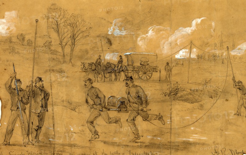 The signal telegraph train as used at the battle of Fredericksburg, drawing, 1862-1865, by Alfred R Waud, 1828-1891, an american artist famous for his American Civil War sketches, America, US