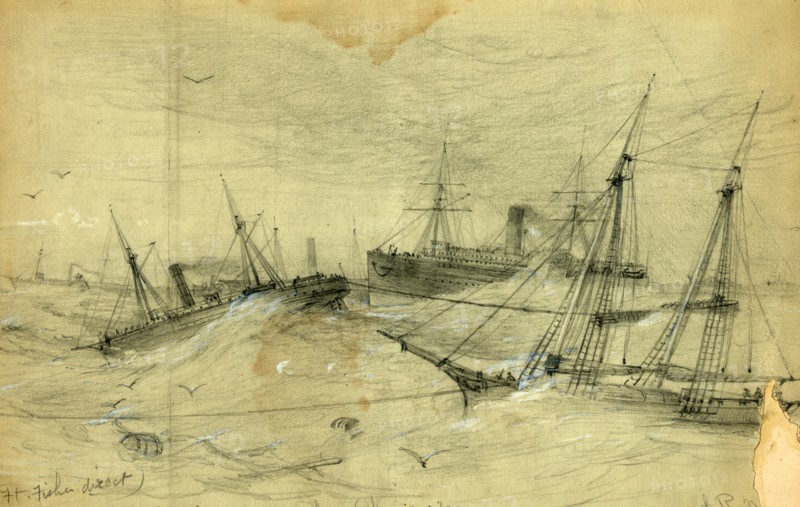 For Ft. Fisher direct. The Expedition leaving the Chesapeake, drawing, 1862-1865, by Alfred R Waud, 1828-1891, an american artist famous for his American Civil War sketches, America, US