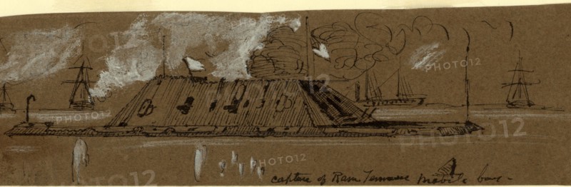 Capture of Ram Tennessee Mobile bay, drawing, 1862-1865, by Alfred R Waud, 1828-1891, an american artist famous for his American Civil War sketches, America, US