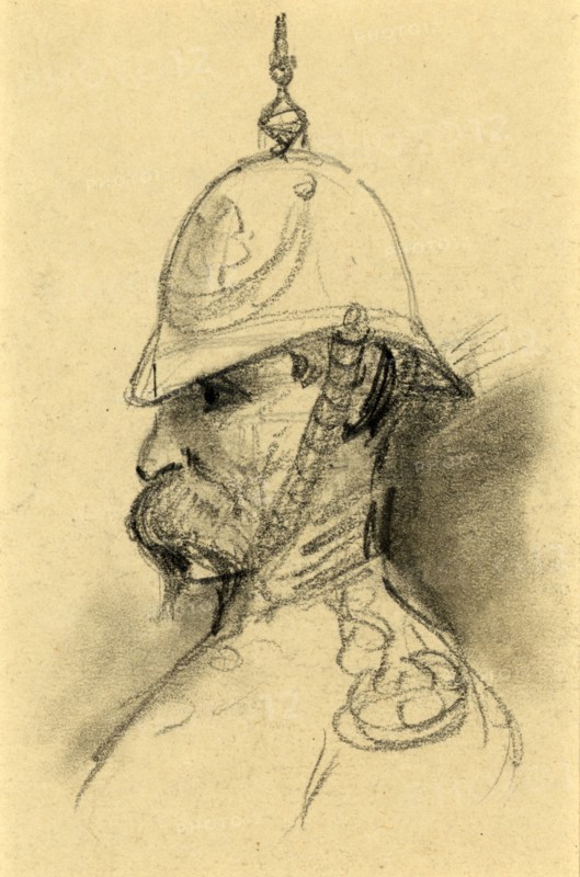 Bust Portrait of soldier with German-style helmet, drawing, 1862-1865, by Alfred R Waud, 1828-1891, an american artist famous for his American Civil War sketches, America, US