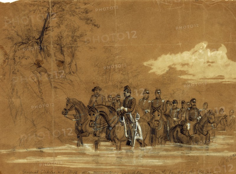 General Sickles and Staff in a reconnoitering expedition along the banks of the Potomac, drawing, 1862-1865, by Alfred R Waud, 1828-1891, an american artist famous for his American Civil War sketches, America, US