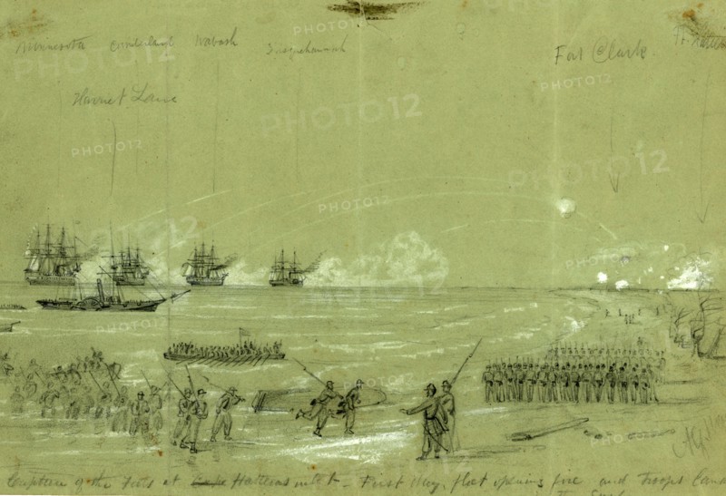 Capture of the Forts at Cape Hatteras inlet-First day, fleet opening fire and troops landing in the surf, drawing, 1862-1865, by Alfred R Waud, 1828-1891, an american artist famous for his American Civil War sketches, America, US