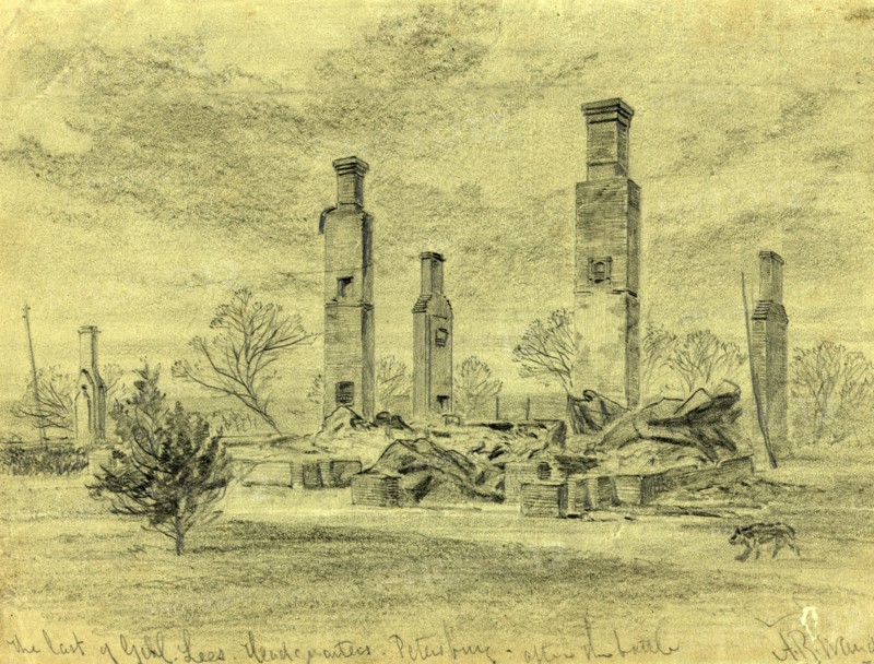 The last of Genl. Lees Headquarters Petersburg, after the battle, drawing, 1862-1865, by Alfred R Waud, 1828-1891, an american artist famous for his American Civil War sketches, America, US
