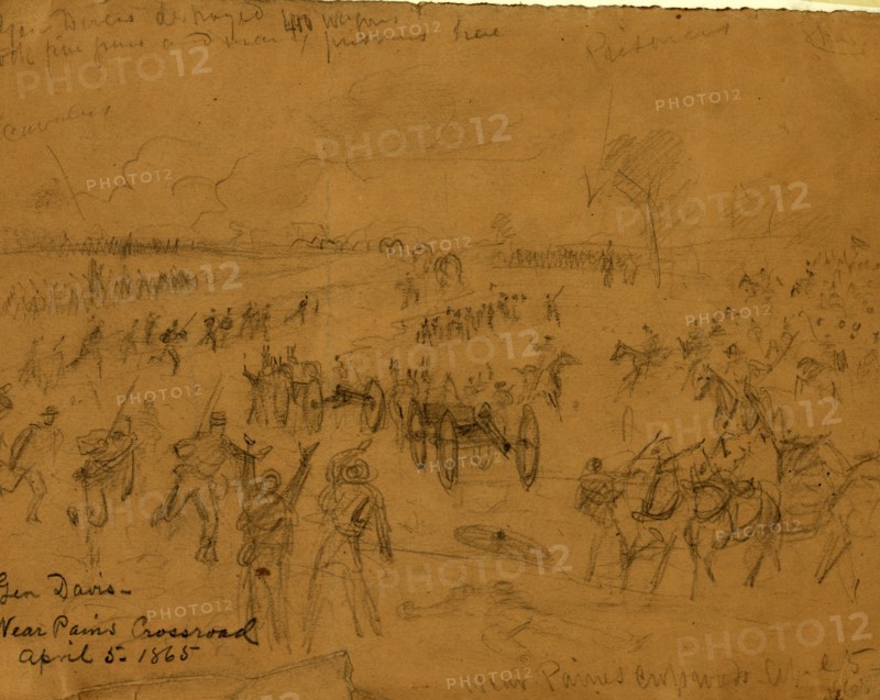 Gen. Davis Near Paines Crossroad April 5, 1865, drawing, 1862-1865, by Alfred R Waud, 1828-1891, an american artist famous for his American Civil War sketches, America, US