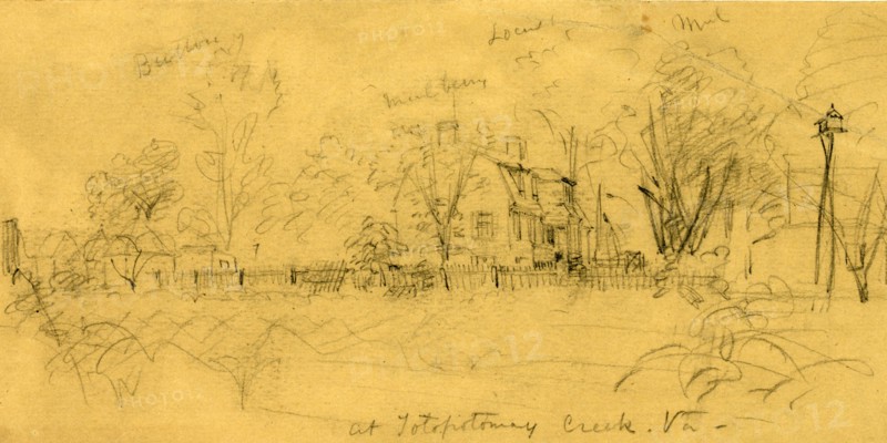 At Totopotomay Creek, Va., drawing, 1862-1865, by Alfred R Waud, 1828-1891, an american artist famous for his American Civil War sketches, America, US